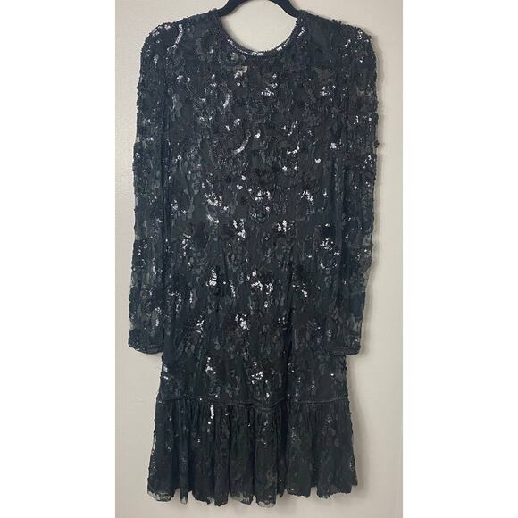 VINTAGE JUDITH ANN DRESS M BLACK SEQUIN BEADED TIERED RUFFLE SHEER MESH LACE - Picture 1 of 12